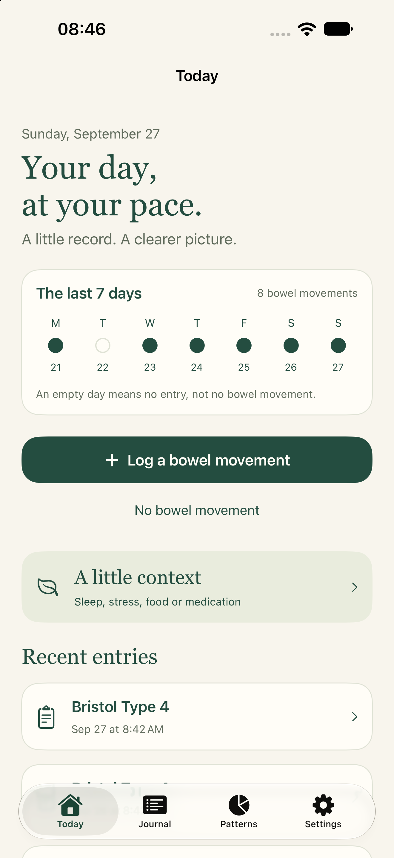 Upcoming Quiet Rhythm update: the native Today screen for recording bathroom events