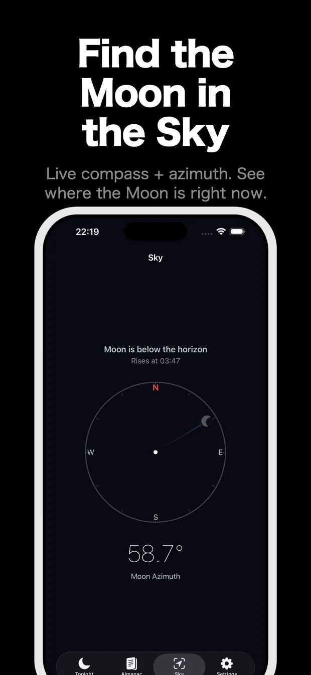 The sky view, showing a compass with the moon's azimuth and whether it is above the horizon