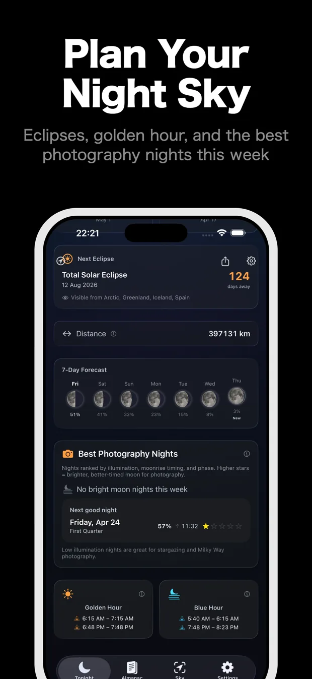Details, showing distance, a seven-day forecast, best photography nights, and golden and blue hour times