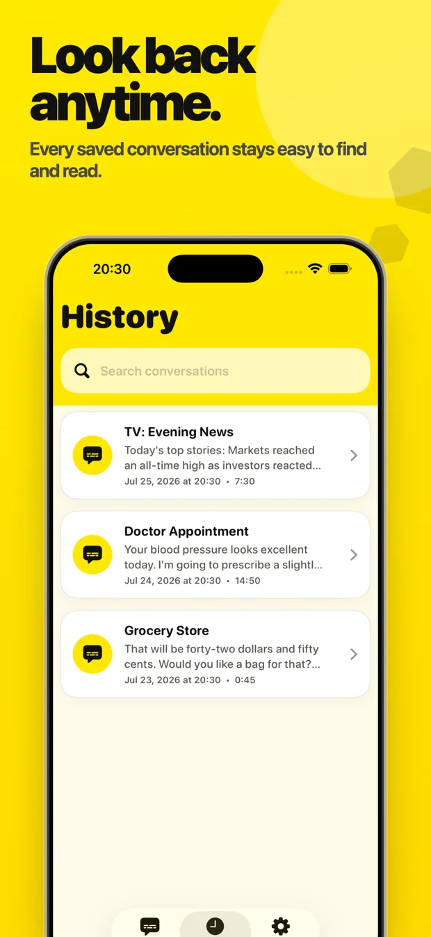 History, listing saved conversations with dates and durations