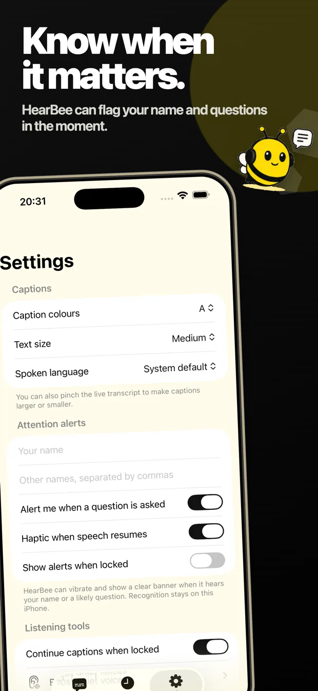 Settings, showing attention alerts for your name and for questions