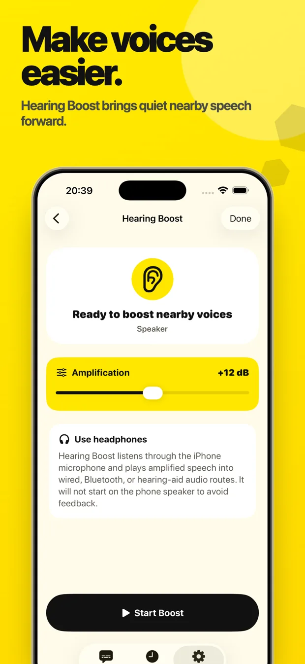 The Hearing Boost screen with an amplification slider and a headphones requirement