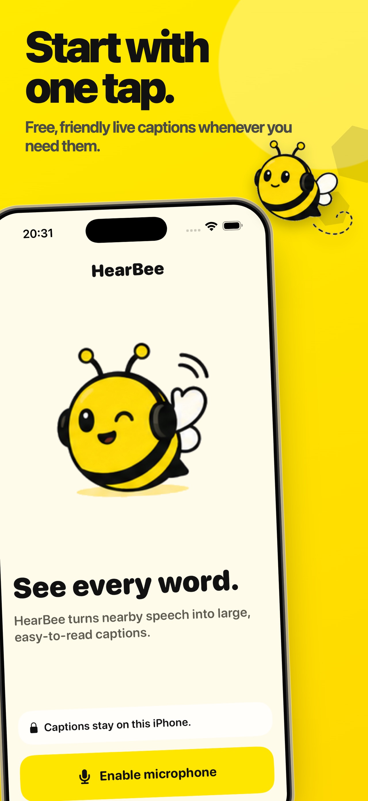 The first-run screen asking to enable the microphone, with the HearBee mascot