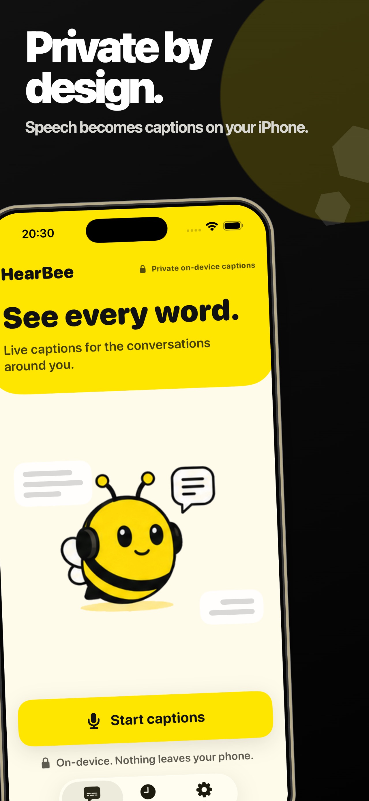 The home screen with the HearBee mascot and a Start captions button