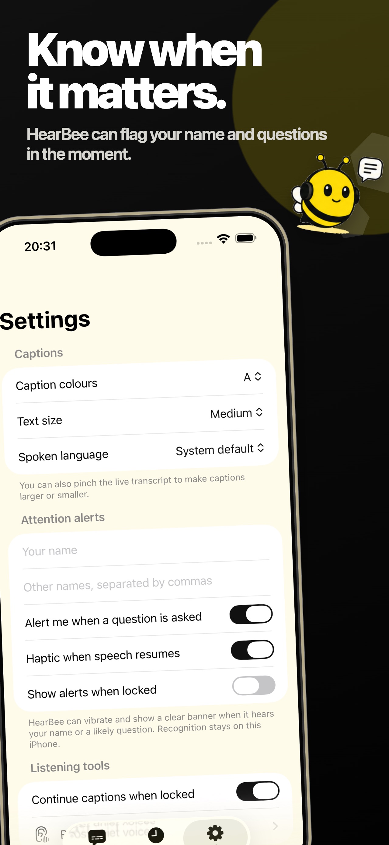 Settings, showing attention alerts for your name and for questions