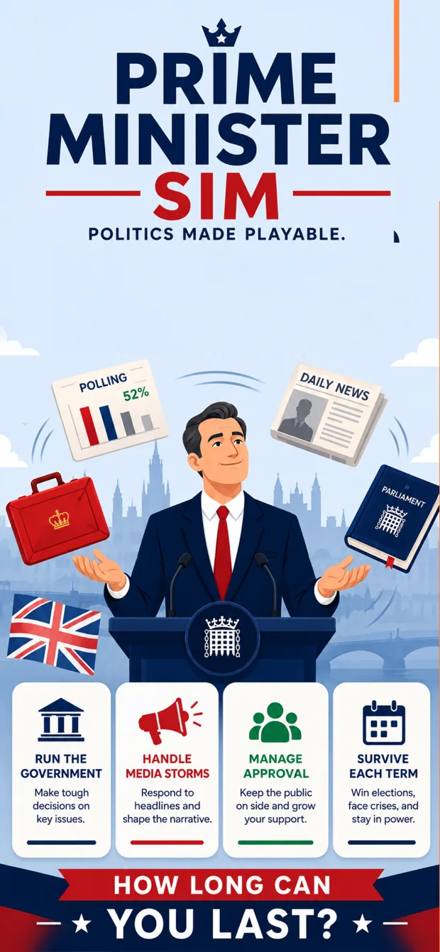 Prime Minister Sim overview showing government, media, approval, and survival challenges