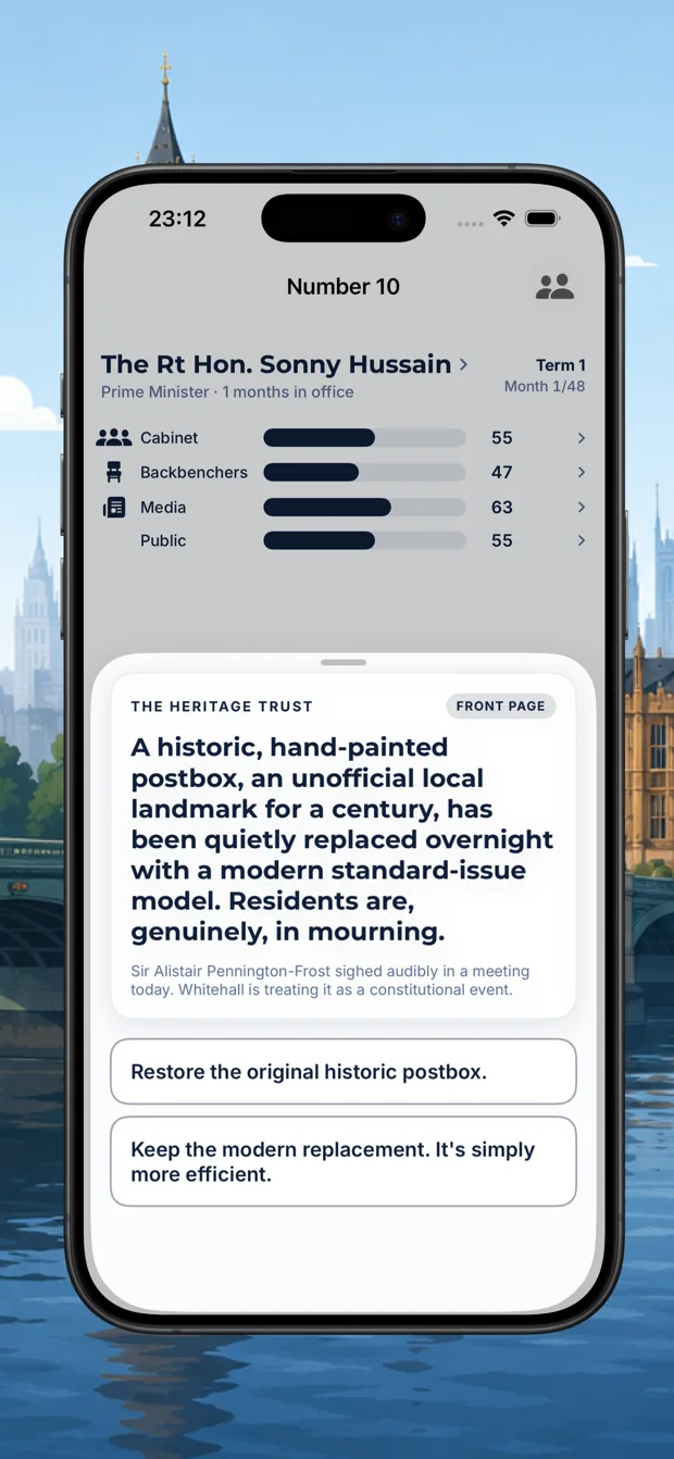 Prime Minister Sim crisis card about a heritage dispute with two response choices
