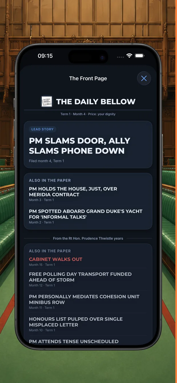 Prime Minister Sim Daily Bellow front page reporting the consequences of government decisions